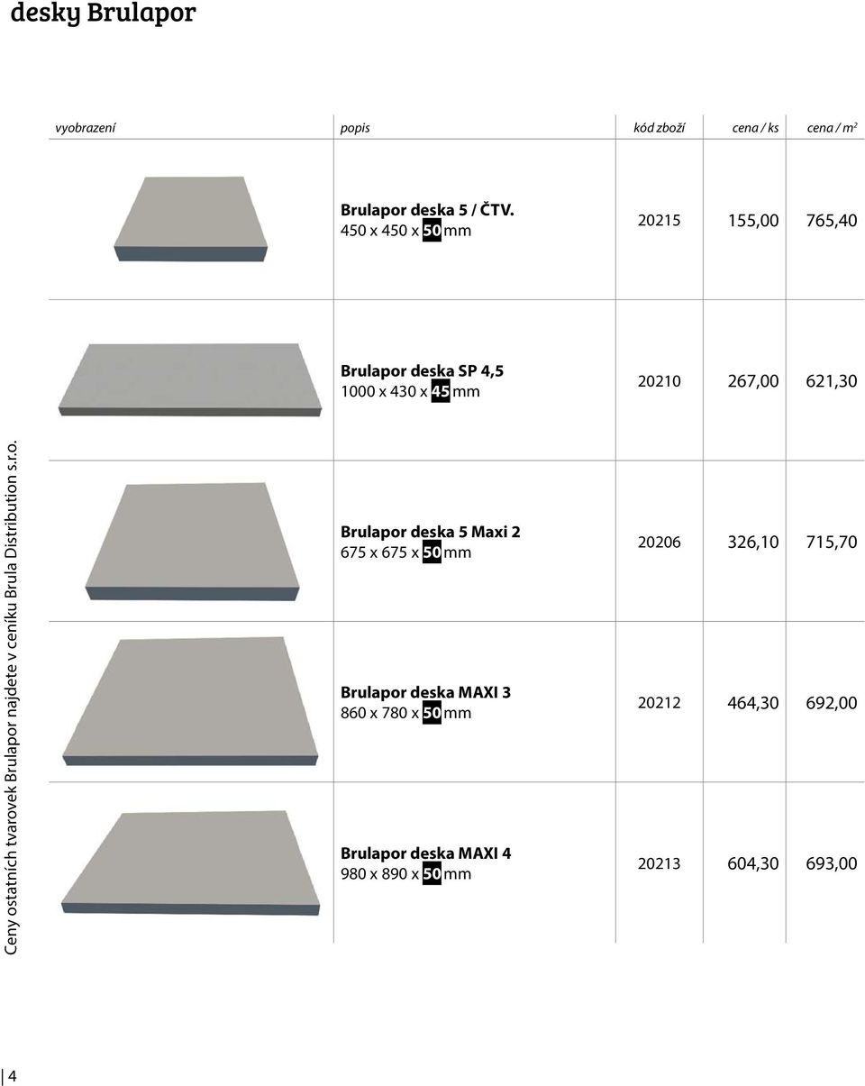 ostatních tvarovek Brulapor najdete v ceníku Brula Distribution s.r.o. Brulapor deska 5 Maxi 2 675 x 675 x 50