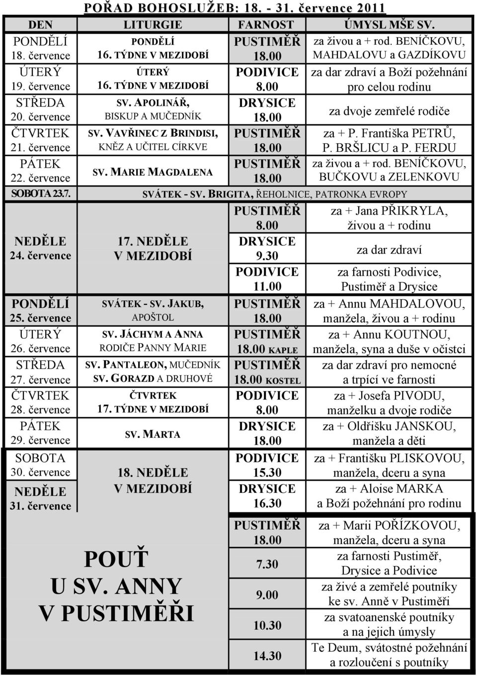 července BISKUP A MUČEDNÍK 18.00 za dvoje zemřelé rodiče ČTVRTEK 21. července SV. VAVŘINEC Z BRINDISI, KNĚZ A UČITEL CÍRKVE PUSTIMĚŘ 18.00 za + P. Františka PETRŮ, P. BRŠLICU a P.