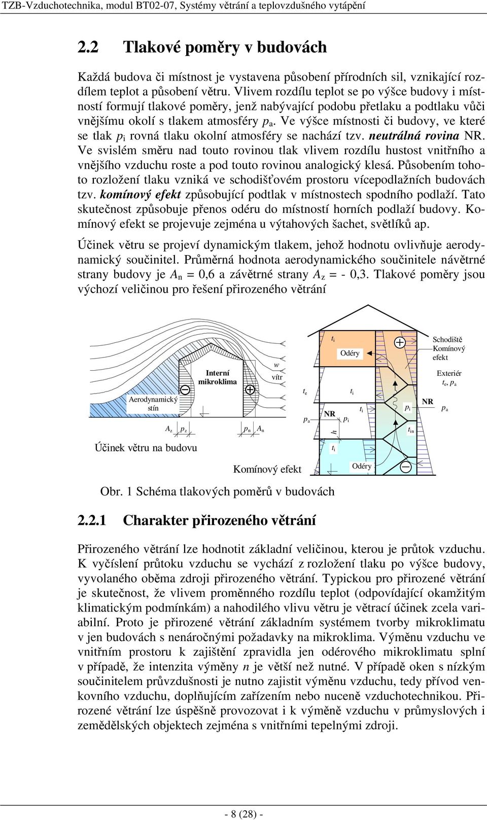 Vlivem rozdílu teplot se po výšce budovy i místností formují tlakové poměry, jenž nabývající podobu přetlaku a podtlaku vůči vnějšímu okolí s tlakem atmosféry p a.