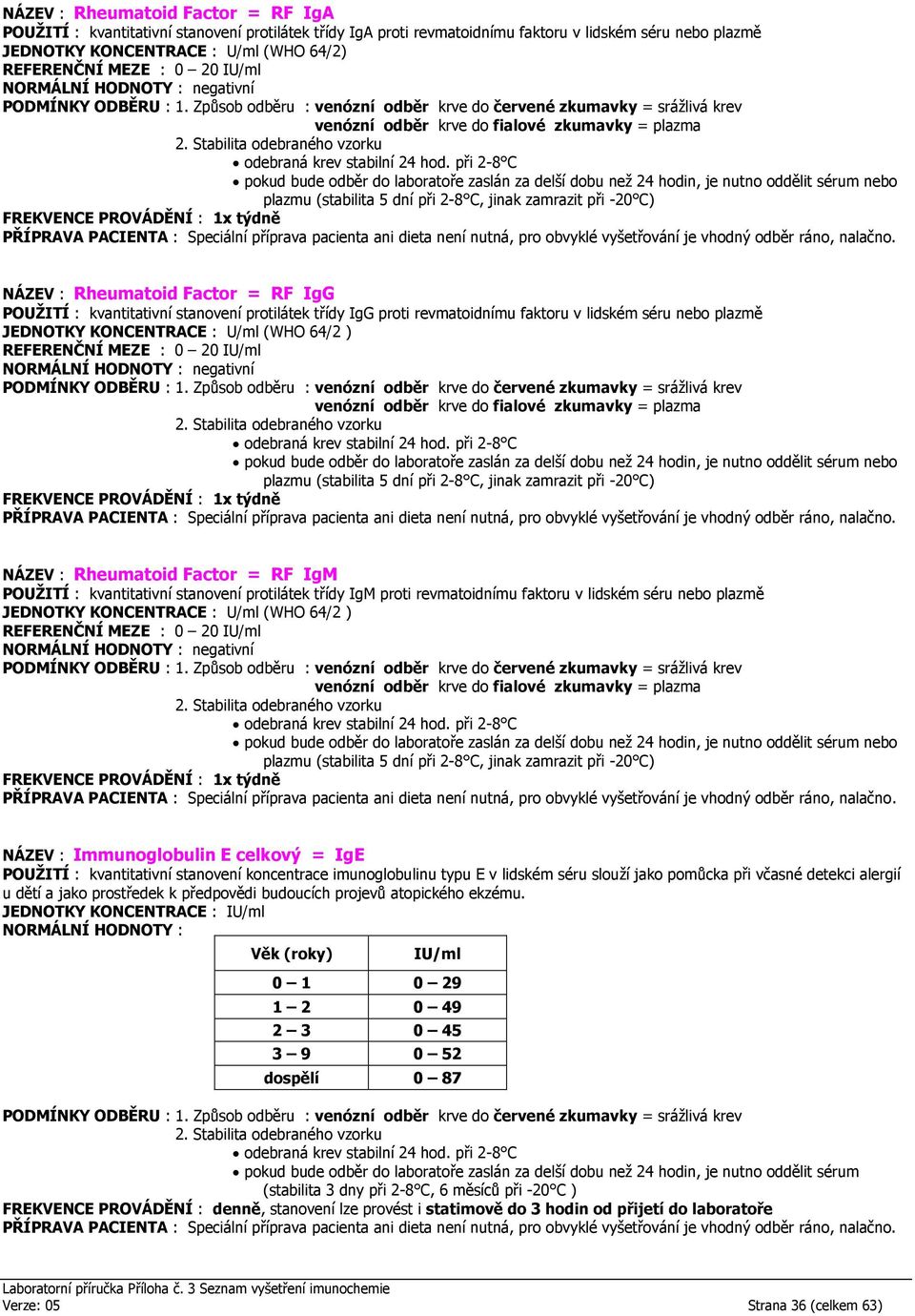 stanovení protilátek třídy IgM proti revmatoidnímu faktoru v lidském séru nebo plazmě (WHO 64/2 ) 0 20 IU/ml NÁZEV : Immunoglobulin E celkový = IgE POUŽITÍ : kvantitativní stanovení koncentrace