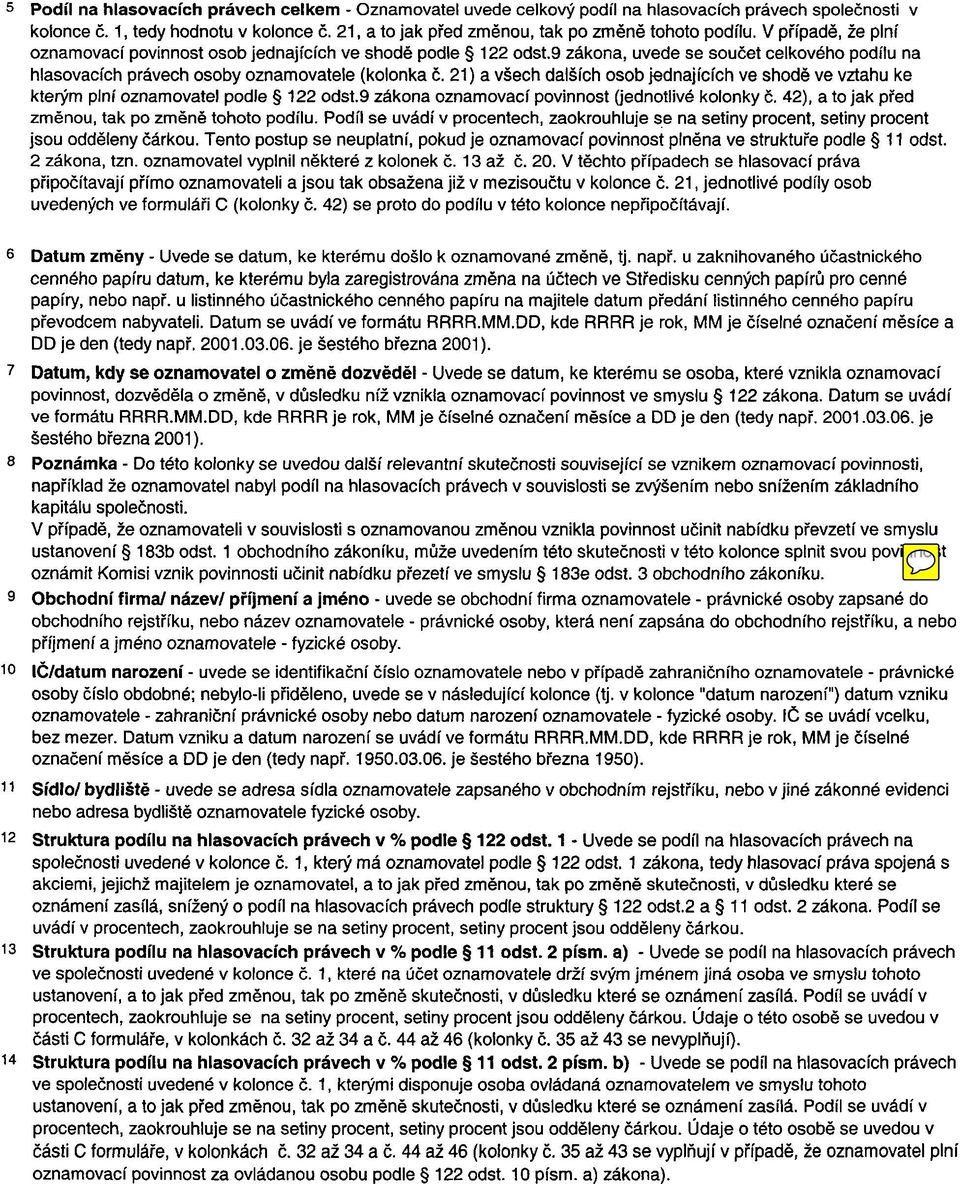 21) a všech dalších osob jednajících ve shodě ve vztahu ke kterým plní oznamovatel podle 122 odst.9 zákona oznamovací povinnost (jednotlivé kolonky č. 42), a to jak před změnou, tak tohoto podílu.