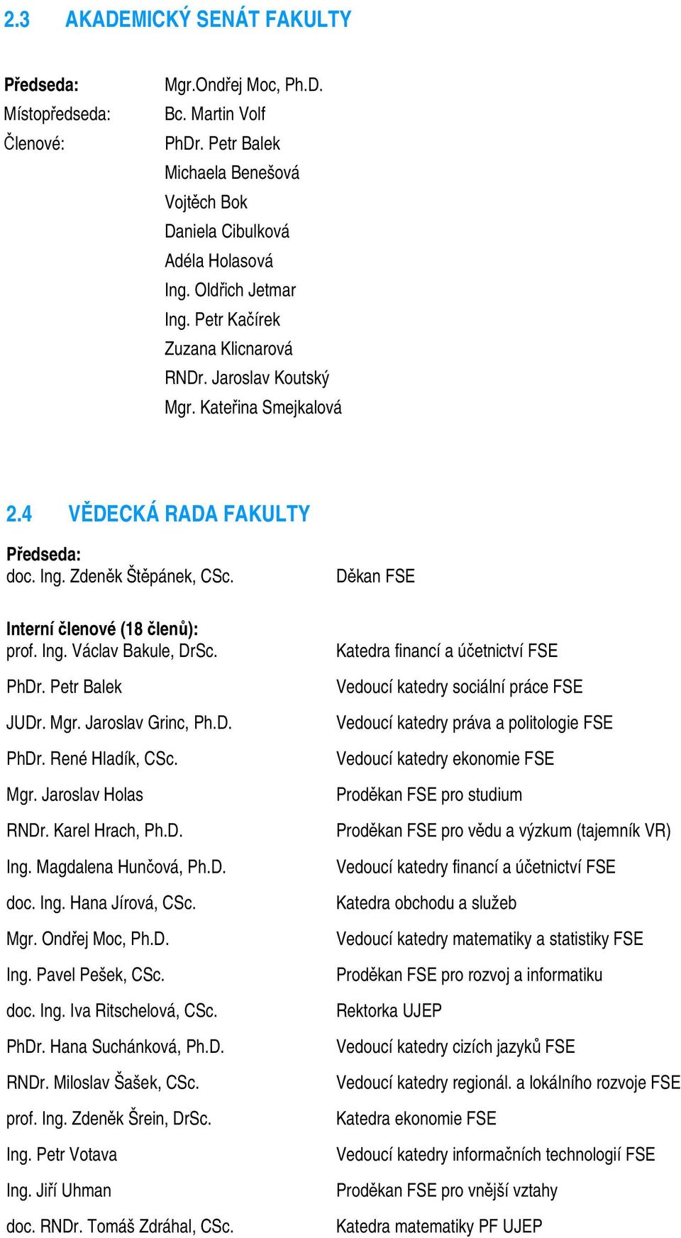 Děkan FSE Interní členové (18 členů): prof. Ing. Václav Bakule, DrSc. PhDr. Petr Balek JUDr. Mgr. Jaroslav Grinc, Ph.D. PhDr. René Hladík, CSc. Mgr. Jaroslav Holas RNDr. Karel Hrach, Ph.D. Ing. Magdalena Hunčová, Ph.