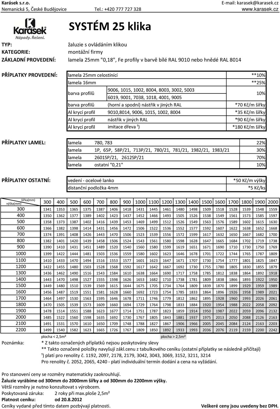 4 *35 Kč/m šířky Al krycí profil nástřik v jiných RAL *90 Kč/m šířky Al krycí profil imitace dřeva ¹) *180 Kč/m šířky lamela 780, 783 22% lamela 1P, 65P, 58P/21, 713P/21, 780/21, 781/21, 1982/21,