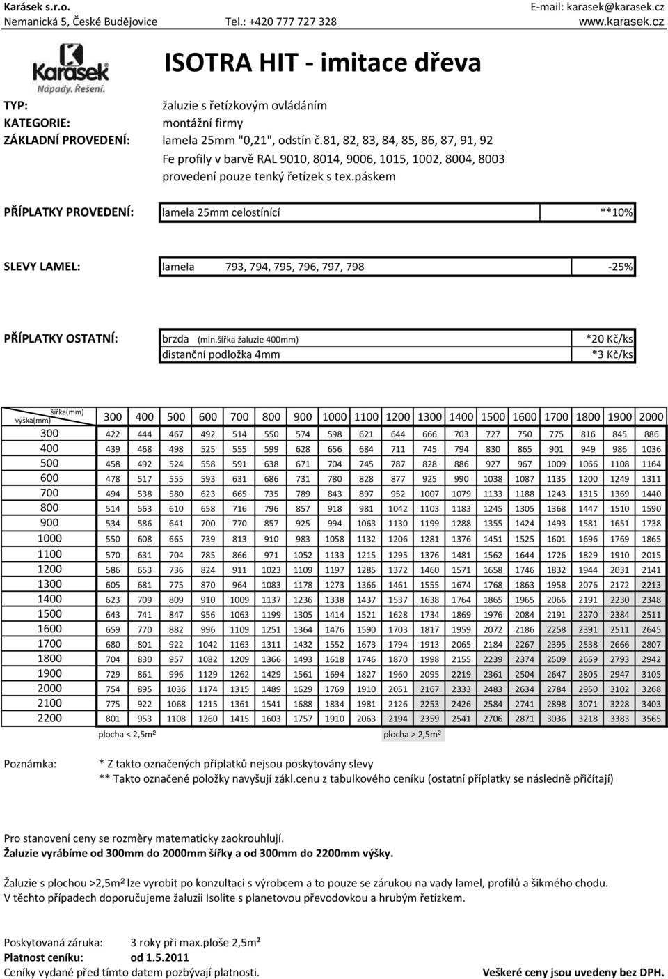 páskem PŘÍPLATKY PROVEDENÍ: lamela 25mm celostínící **10% SLEVY LAMEL: lamela 793, 794, 795, 796, 797, 798-25% PŘÍPLATKY OSTATNÍ: brzda (min.