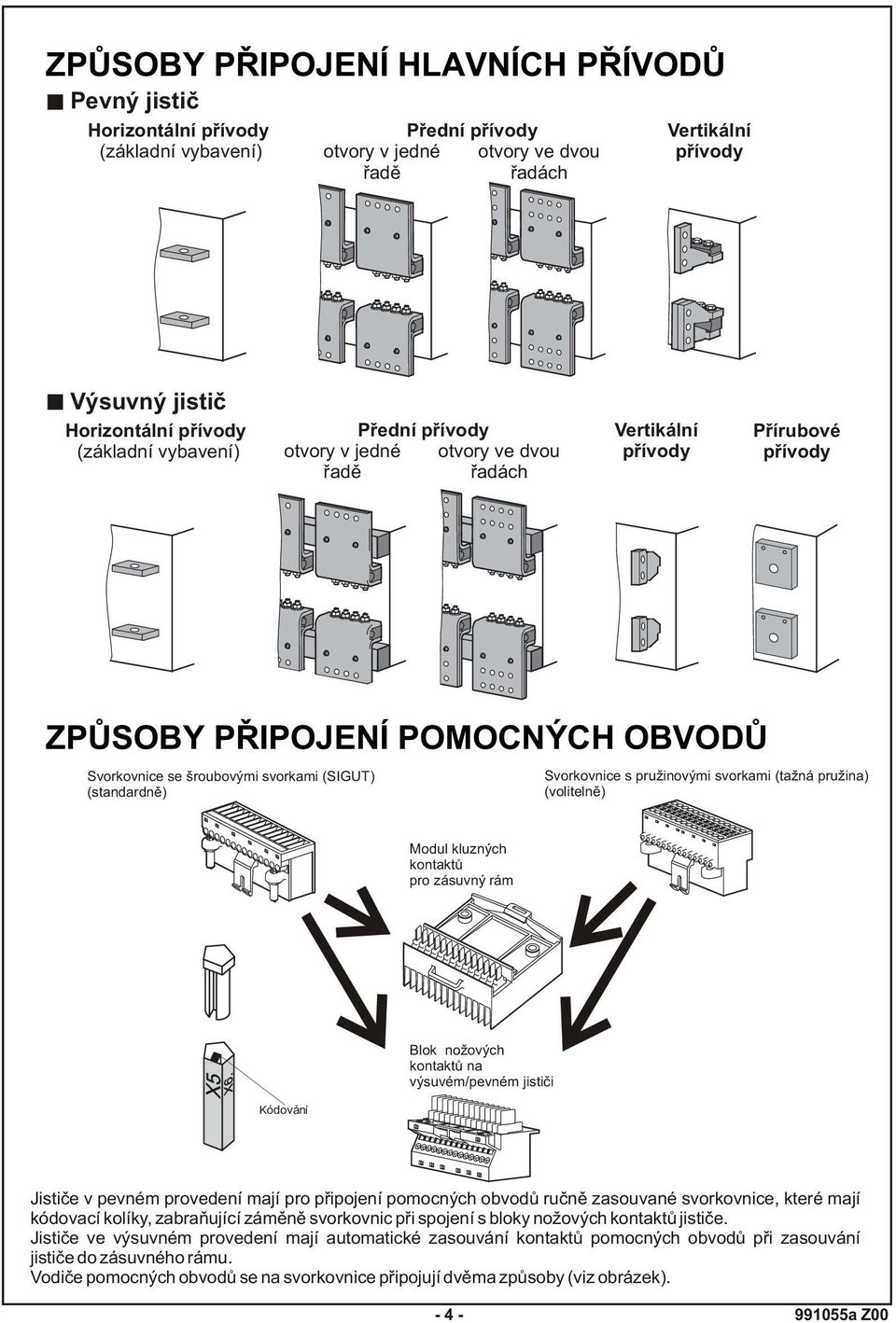 (standardnì) Svorkovnice s pružinovými svorkami (tažná pružina) (volitelnì) Modul kluzných kontaktù pro zásuvný rám Kódování Blok nožových kontaktù na výsuvém/pevném jistièi Jistièe v pevném
