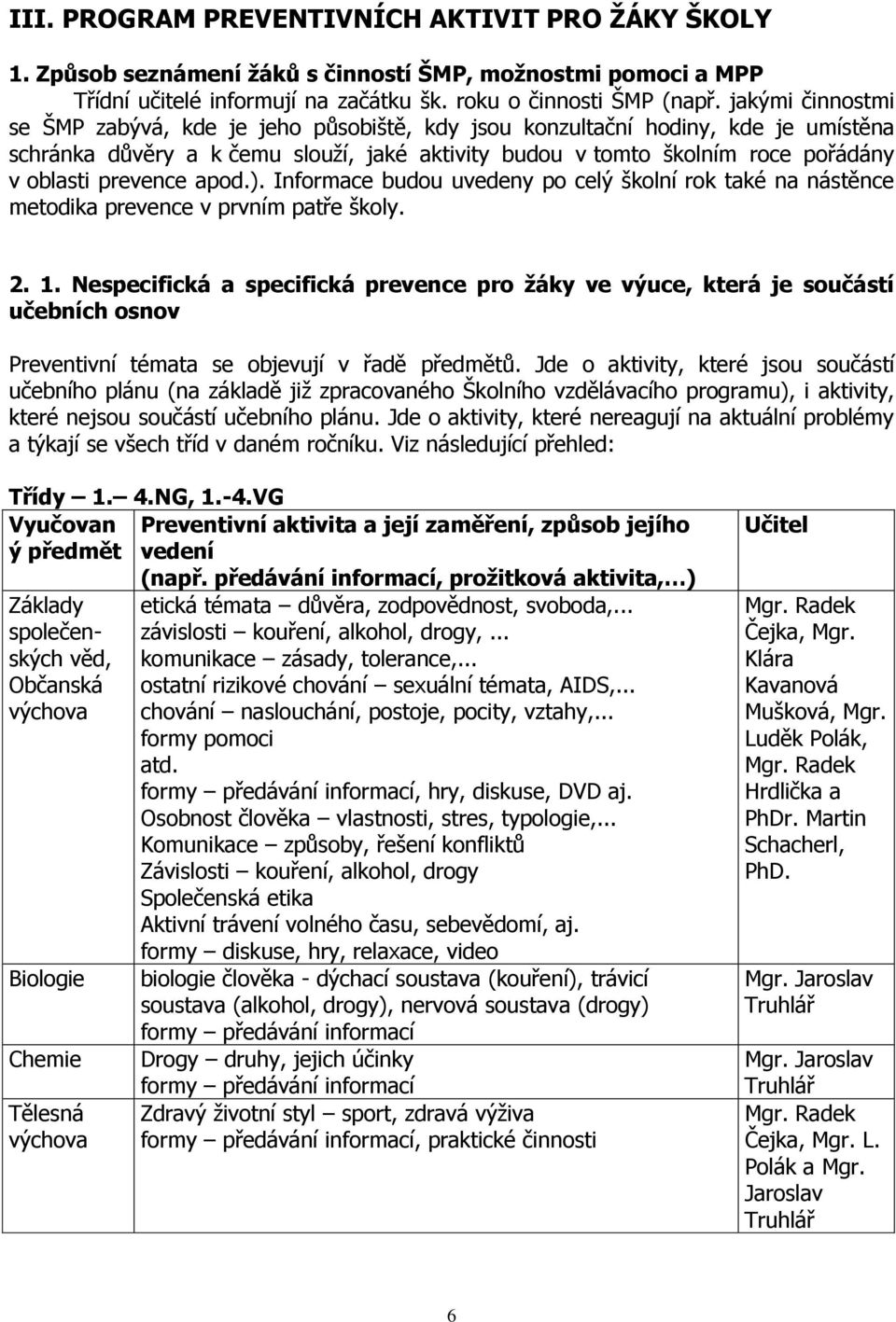 prevence apod.). Informace budou uvedeny po celý školní rok také na nástěnce metodika prevence v prvním patře školy. 2. 1.