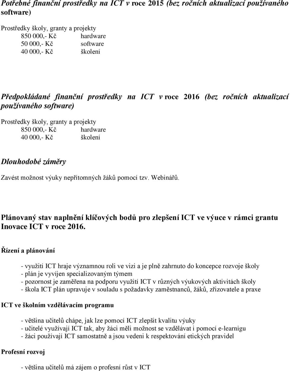 Zavést možnost výuky nepřítomných žáků pomocí tzv. Webinářů. Plánovaný stav naplnění klíčových bodů pro zlepšení ICT ve výuce v rámci grantu Inovace ICT v roce 2016.