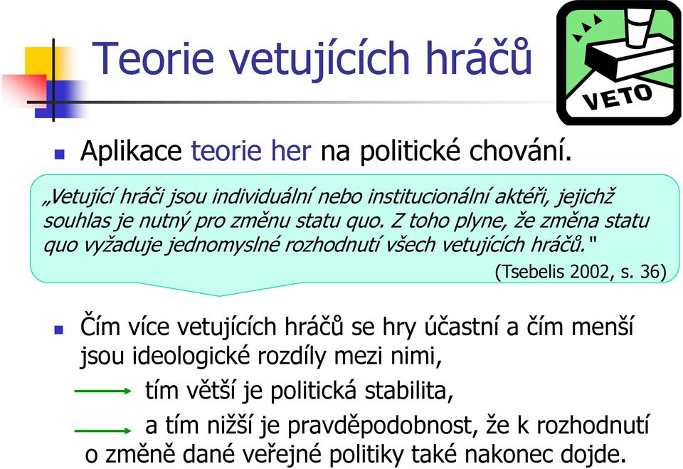 Z toho plyne, že změna statu quo vyžaduje jednomyslné rozhodnutí všech vetujících hráčů. (Tsebelis 2002, s.