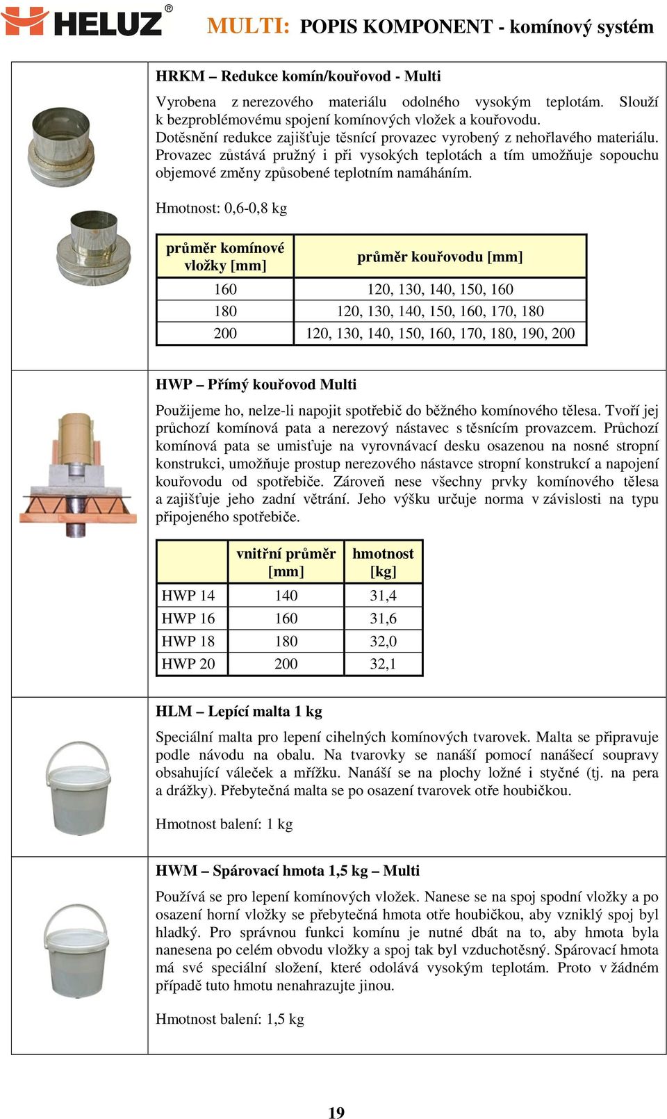 Hmotnost: 0,6-0,8 kg průměr komínové vložky průměr kouřovodu 160 120, 130, 140, 150, 160 180 120, 130, 140, 150, 160, 170, 180 200 120, 130, 140, 150, 160, 170, 180, 190, 200 HWP Přímý kouřovod Multi