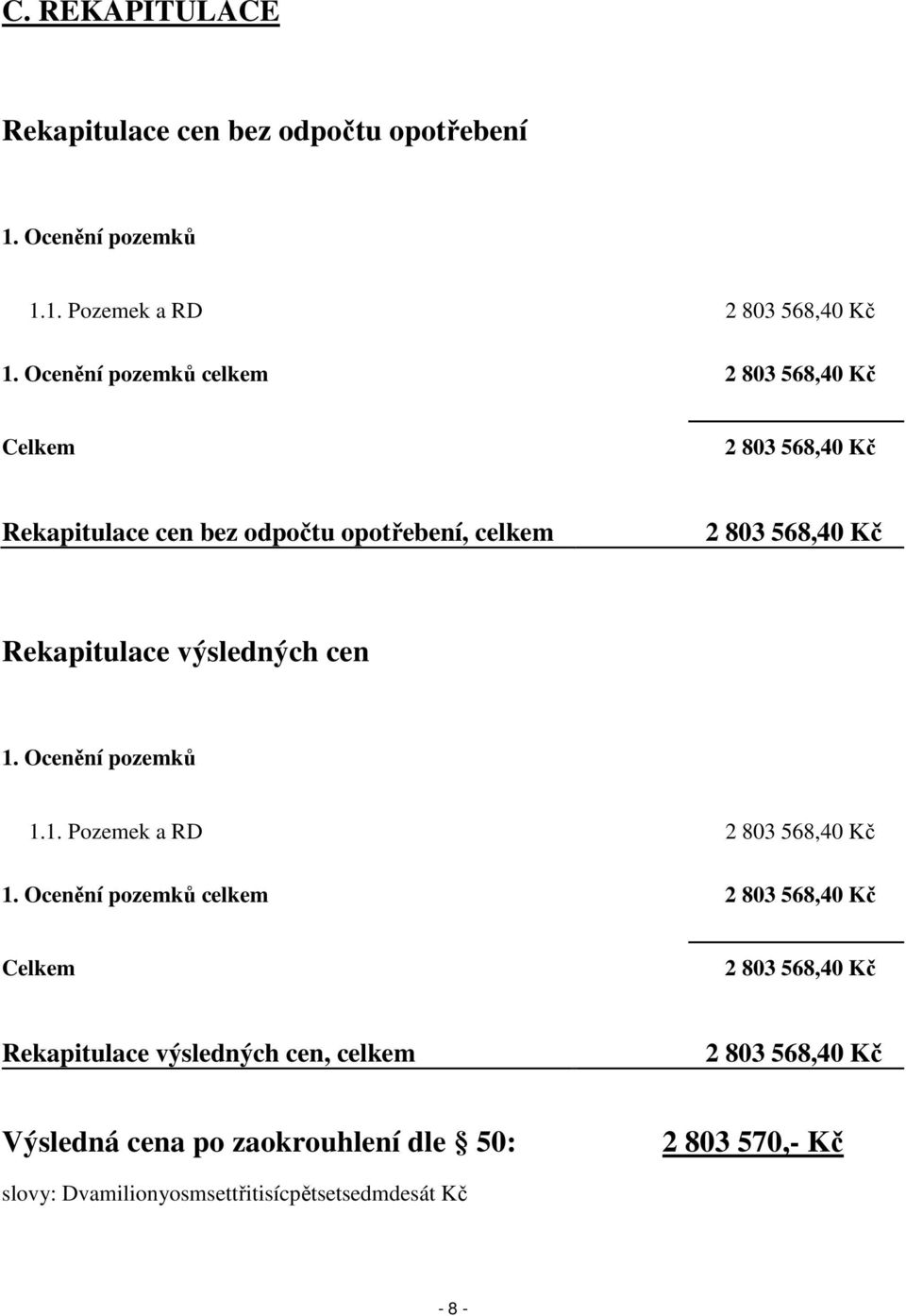 Rekapitulace výsledných cen 1. Ocenění pozemků 1.1. Pozemek a RD 2 803 568,40 Kč 1.