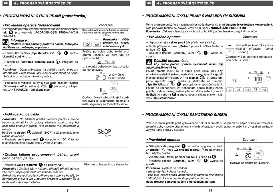 ... Rozsvítí se kontrolka průběhu cyklu 5. Program se spustí. Poznámka : Doba zobrazená na začátku cyklu je pouze informativní.