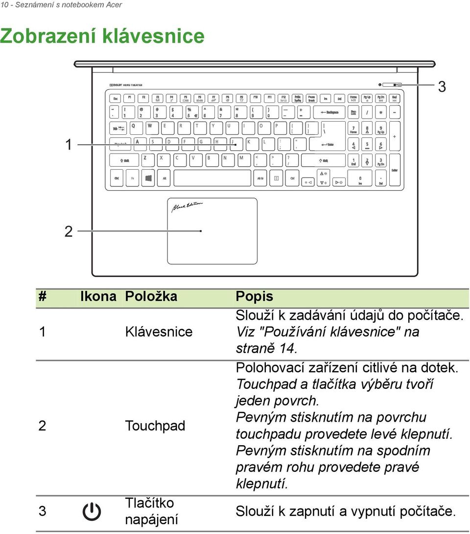 Touchpad a tlačítka výběru tvoří jeden povrch. Pevným stisknutím na povrchu touchpadu provedete levé klepnutí.