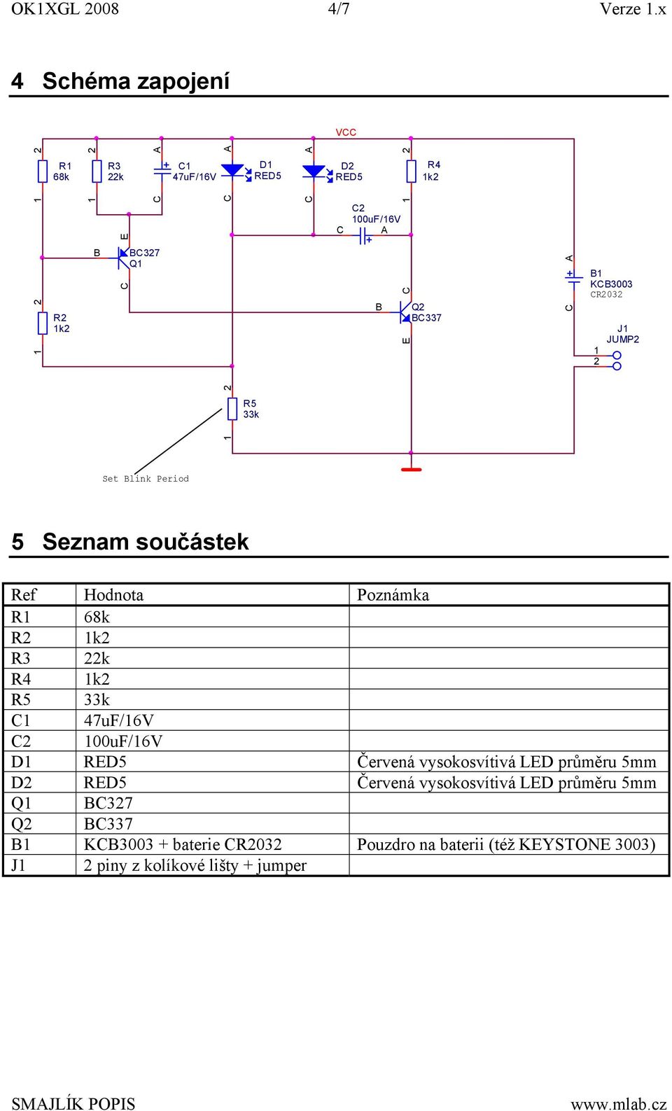 R2032 1 2 J1 JUMP2 R5 33k Set Blink Period 5 Seznam součástek Ref Hodnota Poznámka R1 68k R2 1k2 R3 22k R4 1k2 R5 33k 1