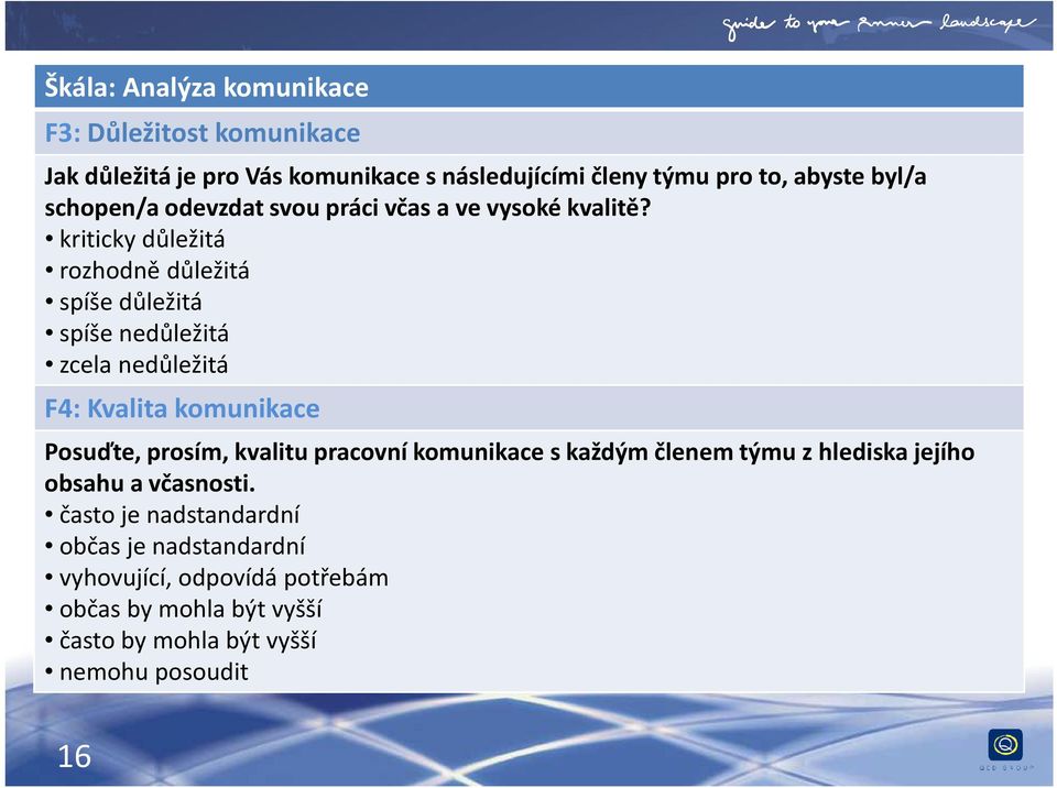 kriticky důležitá rozhodně důležitá spíše důležitá spíše nedůležitá zcela nedůležitá F4: Kvalita komunikace Posuďte, prosím, kvalitu