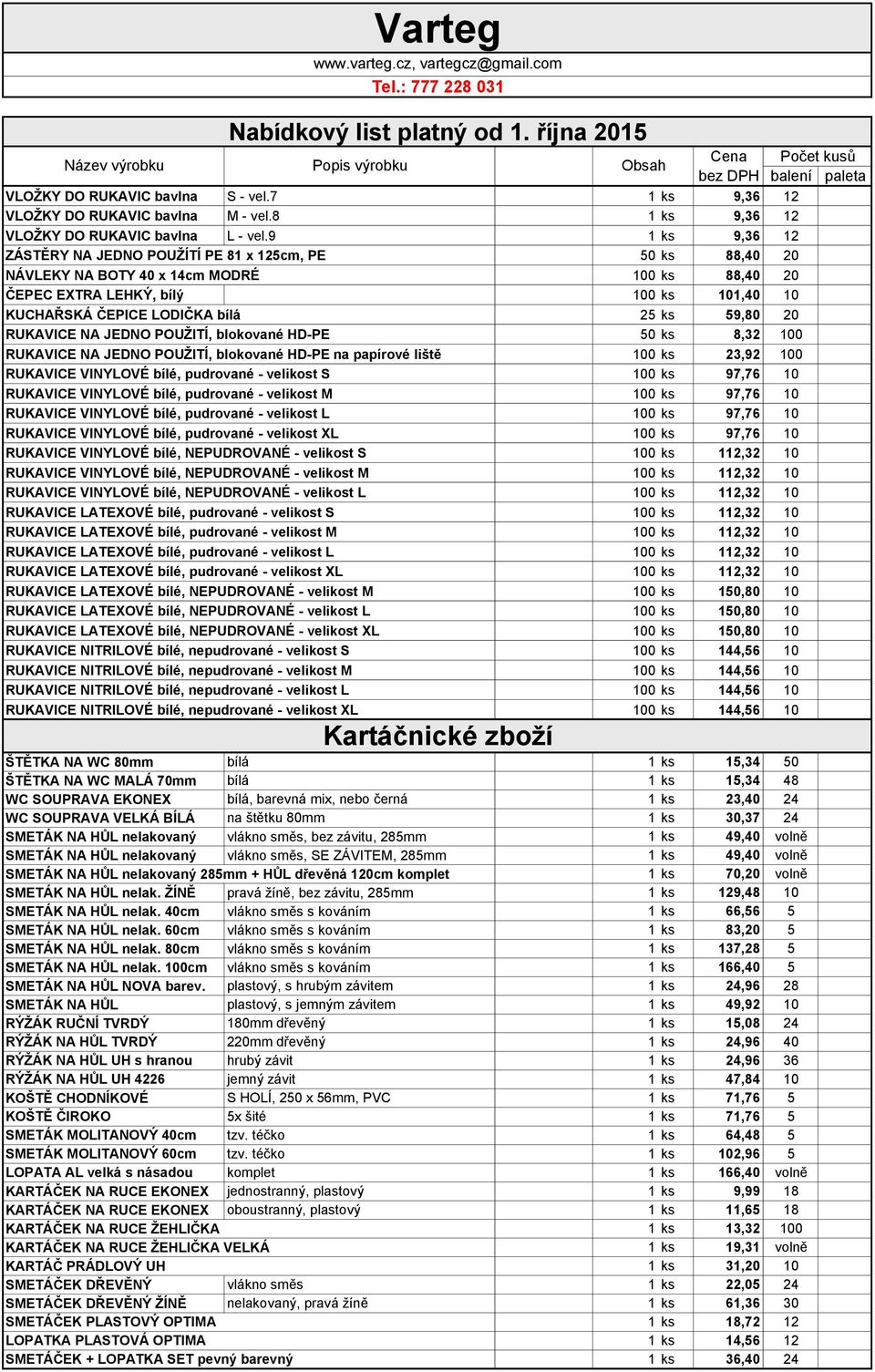 59,80 20 RUKAVICE NA JEDNO POUŽITÍ, blokované HD-PE 50 ks 8,32 100 RUKAVICE NA JEDNO POUŽITÍ, blokované HD-PE na papírové liště 100 ks 23,92 100 RUKAVICE VINYLOVÉ bílé, pudrované - velikost S 100 ks