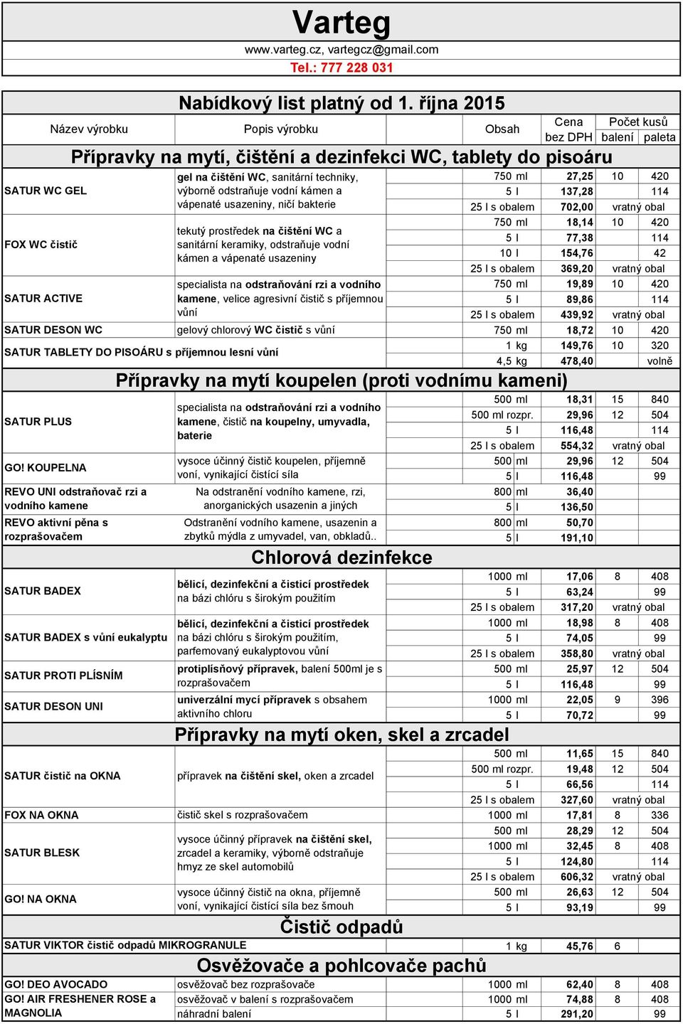 na odstraňování rzi a vodního 750 ml 19,89 10 420 SATUR ACTIVE kamene, velice agresivní čistič s příjemnou 5 l 89,86 114 vůní 25 l s obalem 439,92 vratný obal SATUR DESON WC gelový chlorový WC čistič