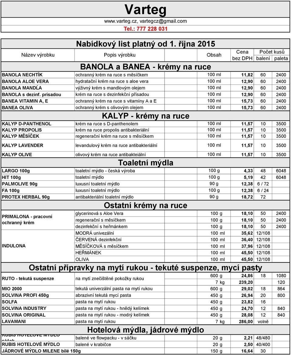 prísadou krém na ruce s dezinfekční přísadou 100 ml 12,90 60 2400 BANEA VITAMIN A, E ochranný krém na ruce s vitamíny A a E 100 ml 15,73 60 2400 BANEA OLIVA ochranný krém s olivovým olejem 100 ml