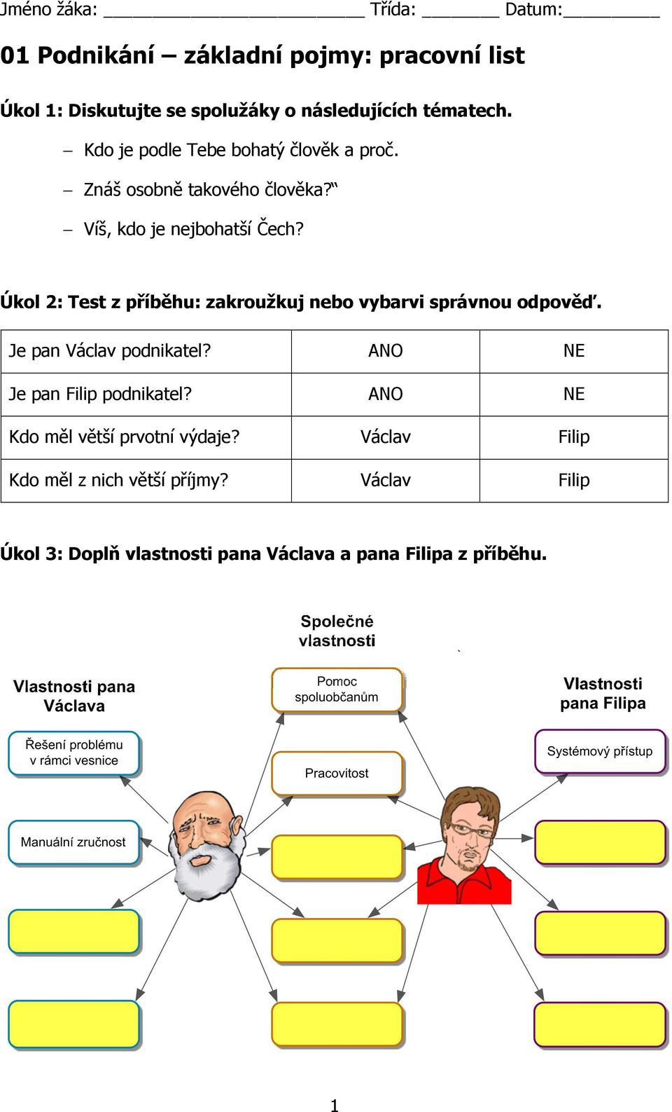 Úkol 2: Test z příběhu: zakroužkuj nebo vybarvi správnou odpověď. Je pan Václav podnikatel?