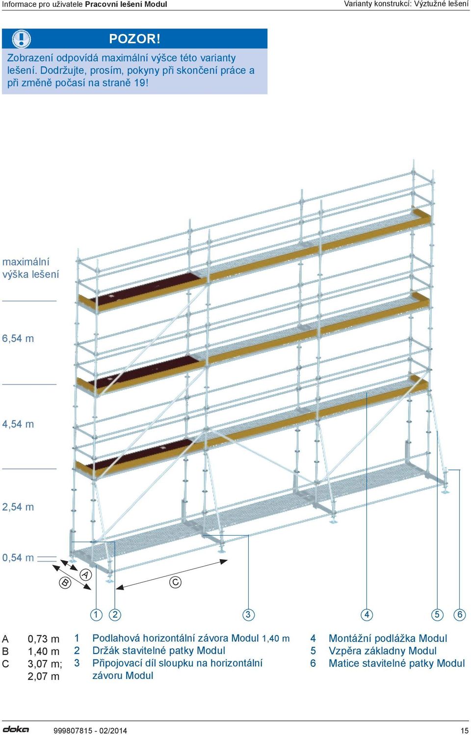 maximální výška lešení 6,54 m 4,54 m 2,54 m 0,54 m B A C 1 2 3 4 5 6 A 0,73 m B 1,40 m C 3,07 m; 2,07 m 1 Podlahová horizontální závora