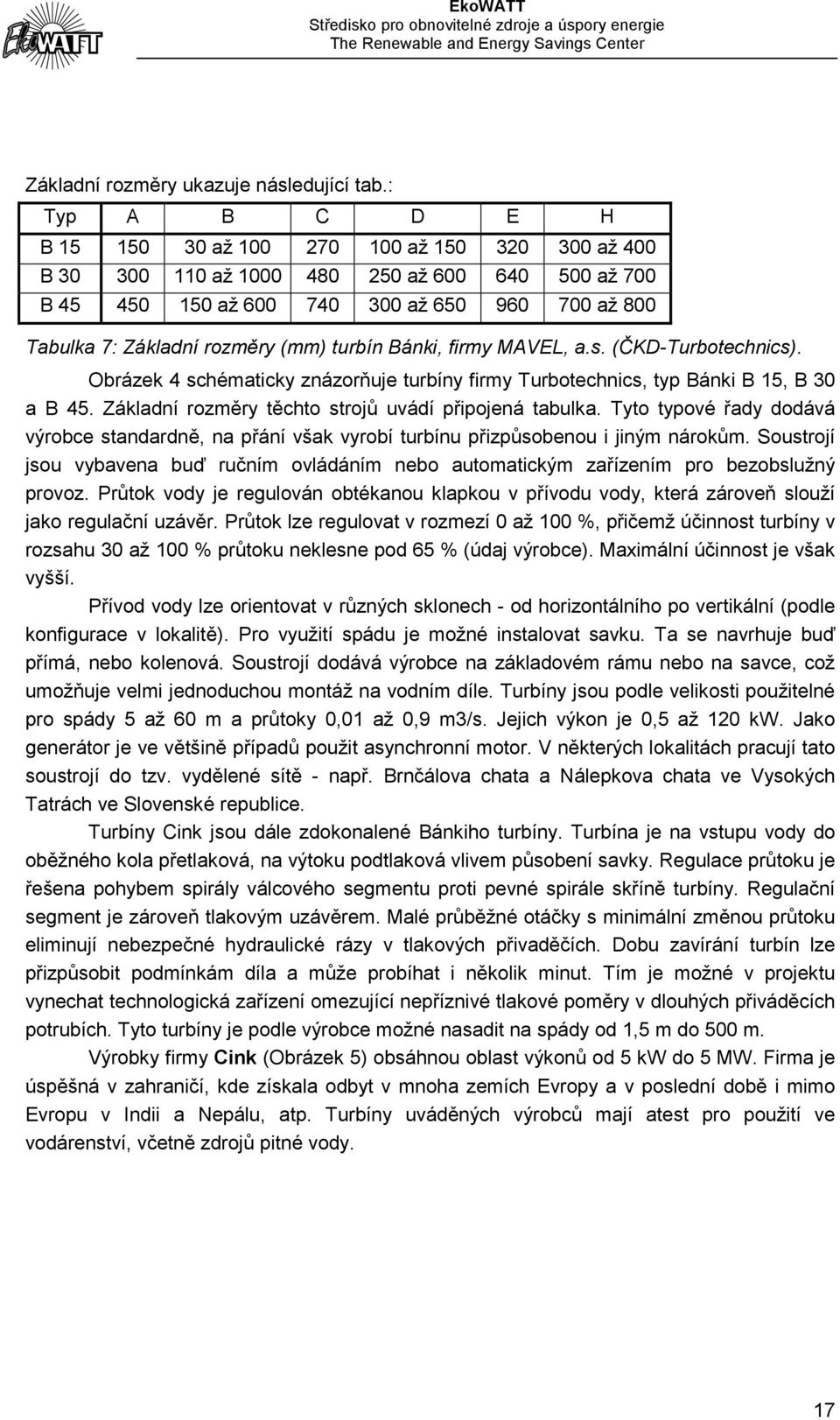 (mm) turbín Bánki, firmy MAVEL, a.s. (ČKD-Turbotechnics). Obrázek 4 schématicky znázorňuje turbíny firmy Turbotechnics, typ Bánki B 15, B 30 a B 45.