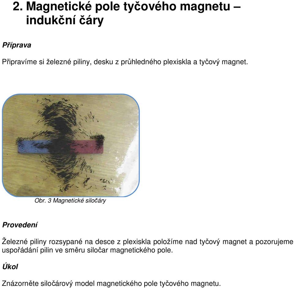 3 Magnetické siločáry Železné piliny rozsypané na desce z plexiskla položíme nad tyčový