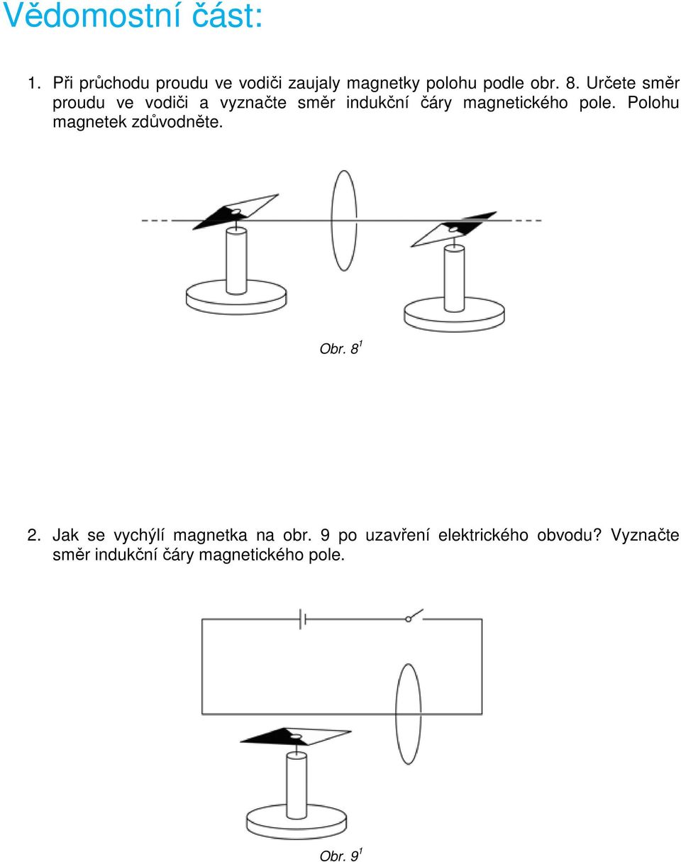 Určete směr proudu ve vodiči a vyznačte směr indukční čáry magnetického pole.