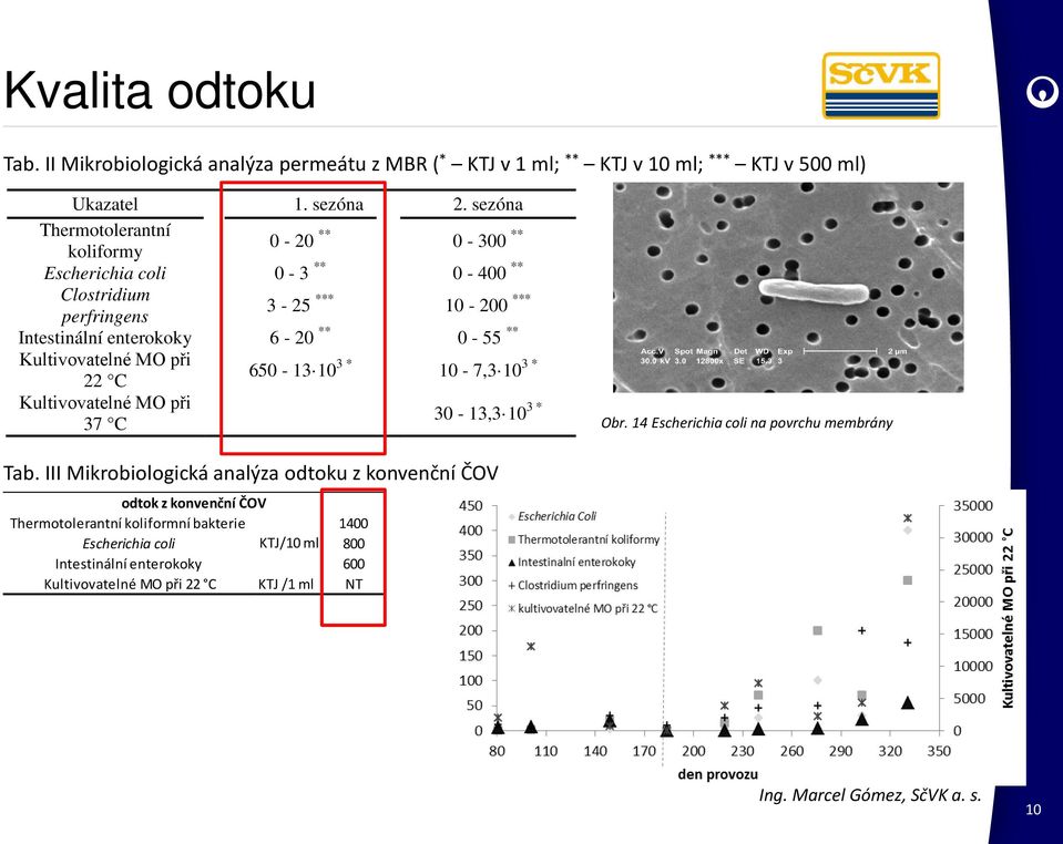 ** Kultivovatelné MO při 22 C 650-13 10 3 * 10-7,3 10 3 * Kultivovatelné MO při 37 C 30-13,3 10 3 * Obr. 14 Escherichia coli na povrchu membrány Tab.