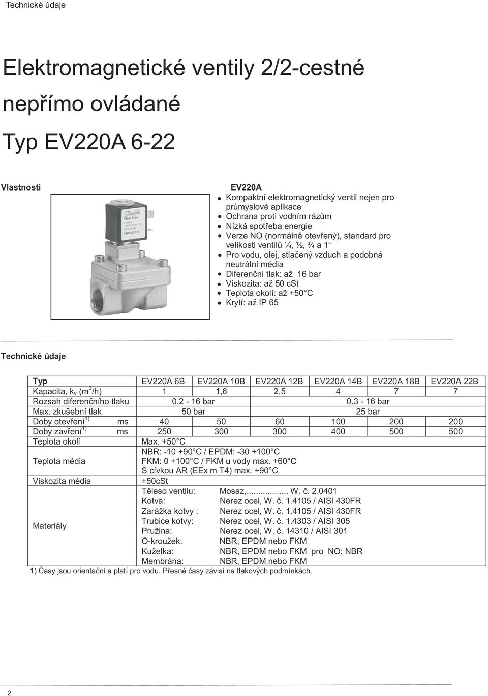 Teplota okolí: až +50 C Krytí: až IP 65 Technické údaje Typ EV220A 6B EV220A 10B EV220A 12B EV220A 14B EV220A 18B EV220A 22B Kapita, k v (m 3 /h) 1 1,6 2,5 4 7 7 Rozsah diferenčního tlaku 0.