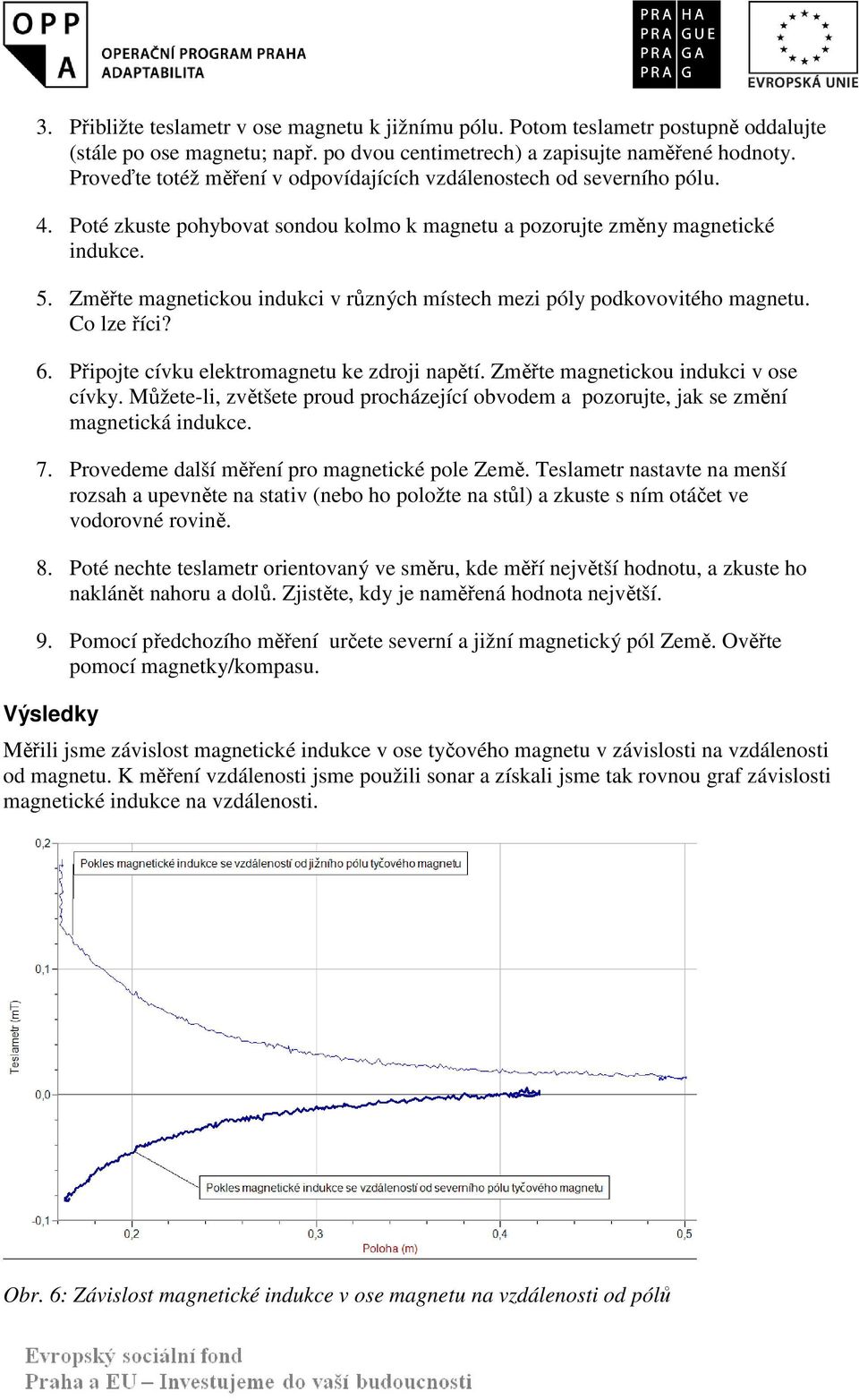 Změřte magnetickou indukci v různých místech mezi póly podkovovitého magnetu. Co lze říci? 6. Připojte cívku elektromagnetu ke zdroji napětí. Změřte magnetickou indukci v ose cívky.