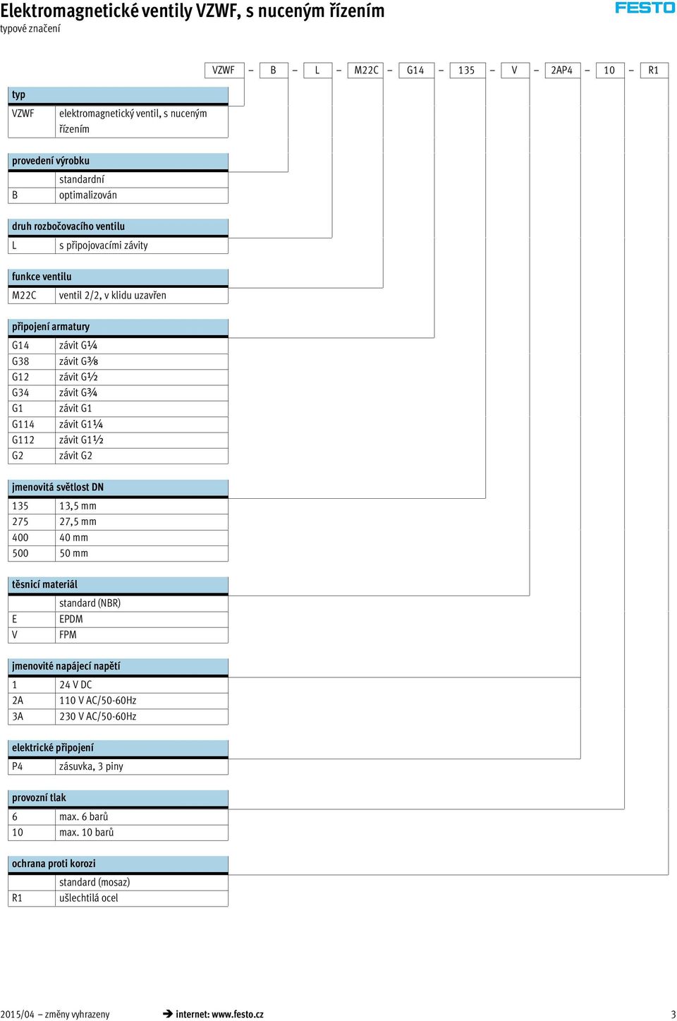 závit G2 jmenovitá světlost DN 135 13,5 mm 275 27,5 mm 400 40 mm 500 50 mm těsnicí materiál E V standard (NBR) EPDM FPM jmenovité napájecí napětí 1 24 V DC 2A 110 V AC/50-60Hz 3A 230 V