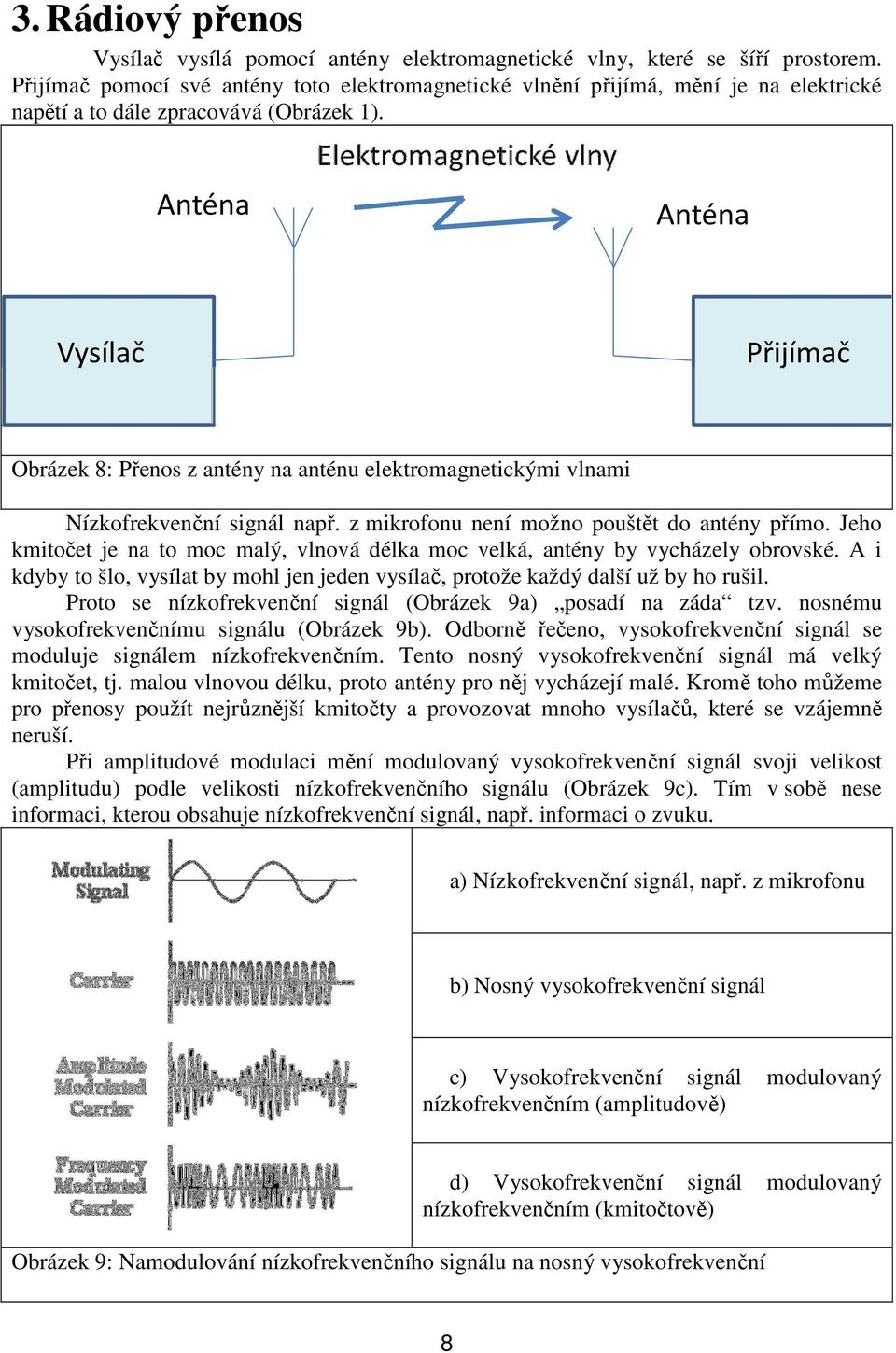 Obrázek 8: Přenos z antény na anténu elektromagnetickými vlnami Nízkofrekvenční signál např. z mikrofonu není možno pouštět do antény přímo.