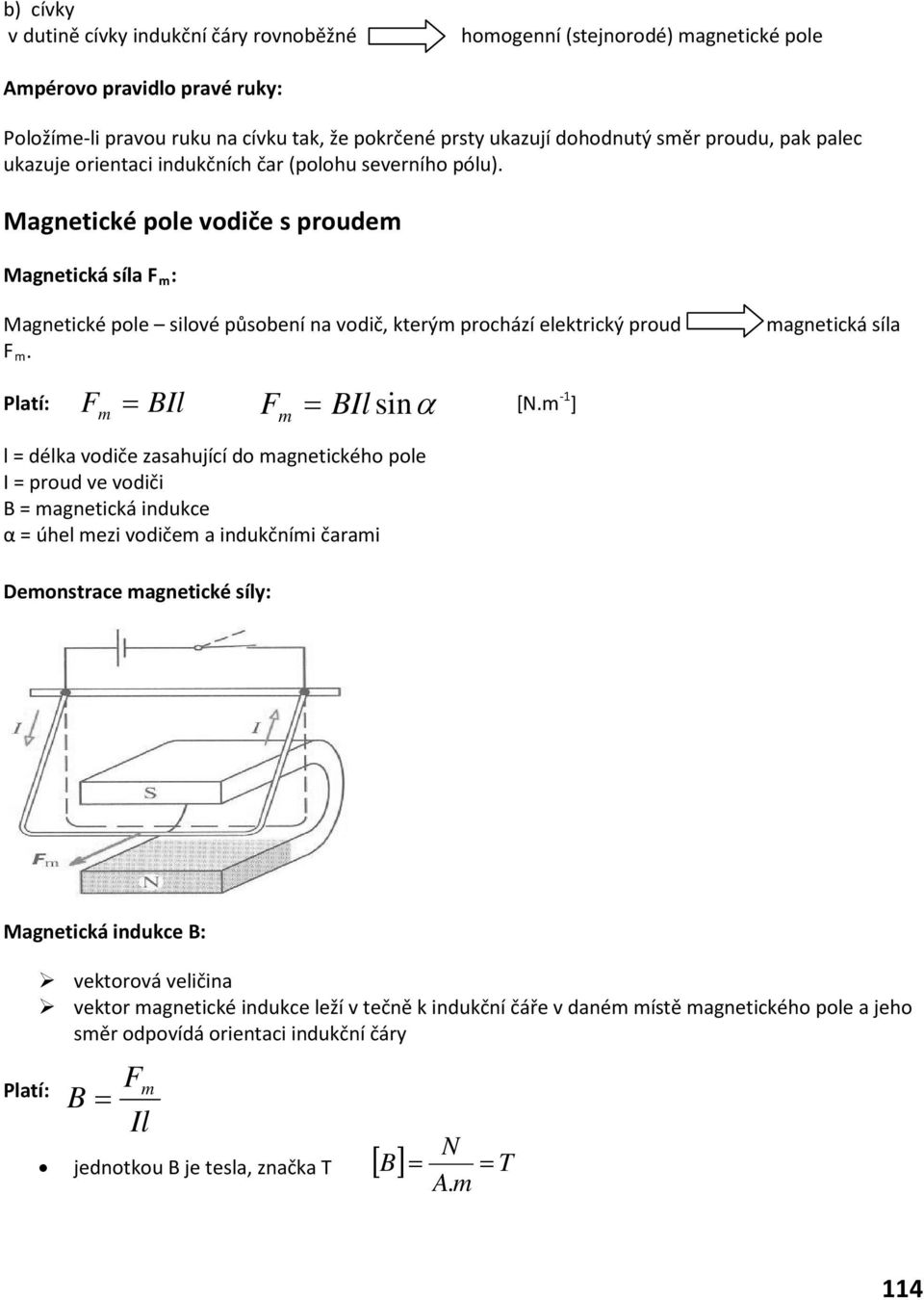 Magnetické pole vodiče s proudem Magnetická síla : Magnetické pole silové působení na vodič, kterým prochází elektrický proud. magnetická síla = BIl [N.