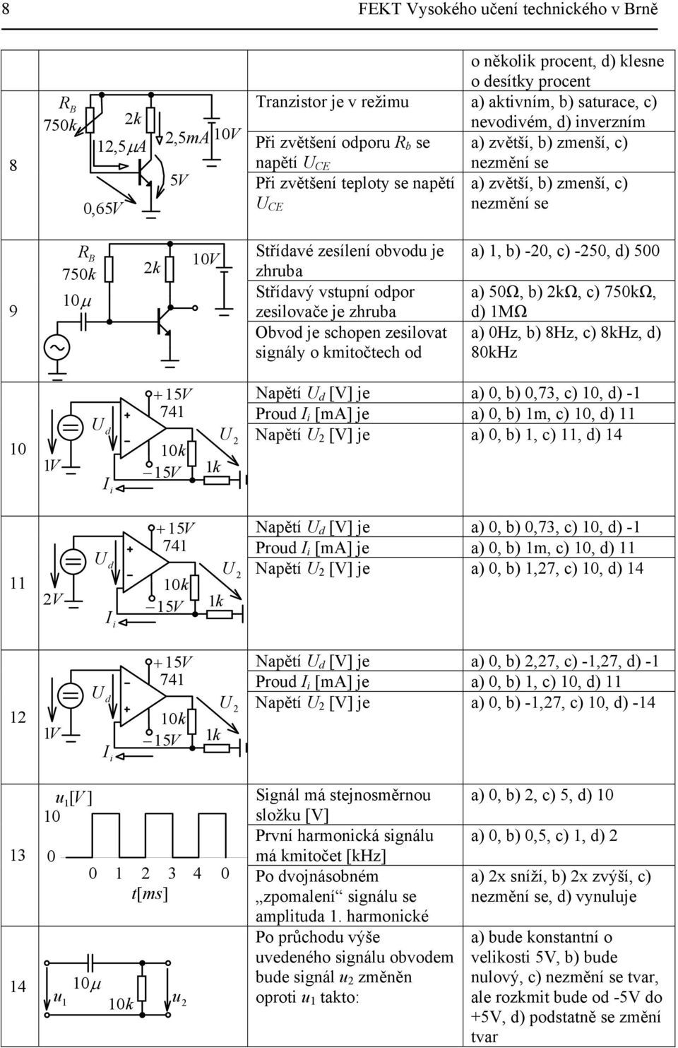 zhruba Střídavý vstupní odpor zesilovače je zhruba Obvod je schopen zesilovat signály o kmitočtech od a) 1, b) -2, c) -25, d) 5 a) 5Ω, b) 2kΩ, c) 75kΩ, d) 1MΩ a) Hz, b) 8Hz, c) 8kHz, d) 8kHz 1 1V U d