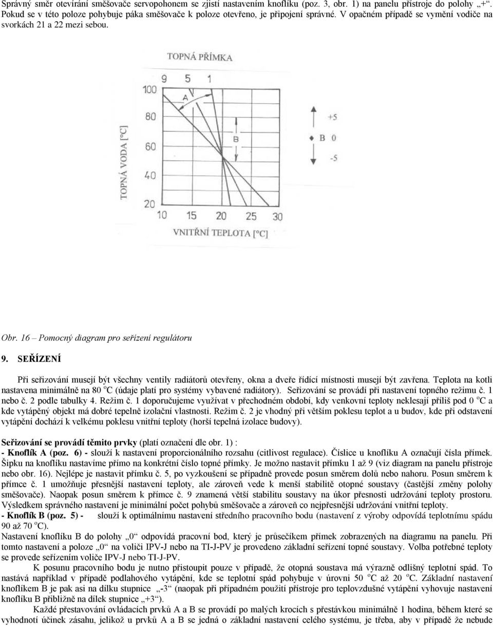 16 Pomocný diagram pro seřízení regulátoru 9. SEŘÍZENÍ Při seřizování musejí být všechny ventily radiátorů otevřeny, okna a dveře řídící místnosti musejí být zavřena.