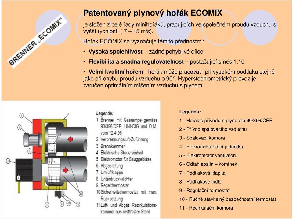 Flexibilita a snadná regulovatelnost postačující směs 1:10 Velmi kvalitní hoření - hořák může pracovat i při vysokém podtlaku stejně jako při ohybu proudu vzduchu o 90.