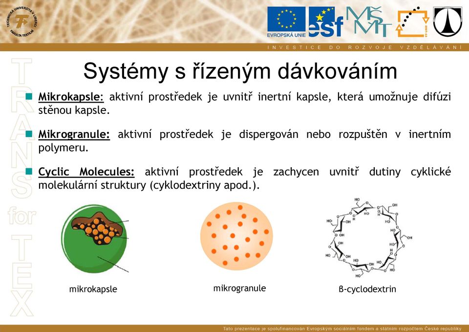 Mikrogranule: aktivní prostředek je dispergován nebo rozpuštěn v inertním polymeru.