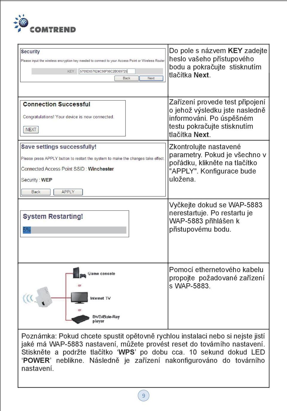 Vyčkejte dokud se WAP-5883 nerestartuje. Po restartu je WAP-5883 přihlášen k přistupovému bodu. Pomocí ethernetového kabelu propojte požadované zařízení s WAP-5883.