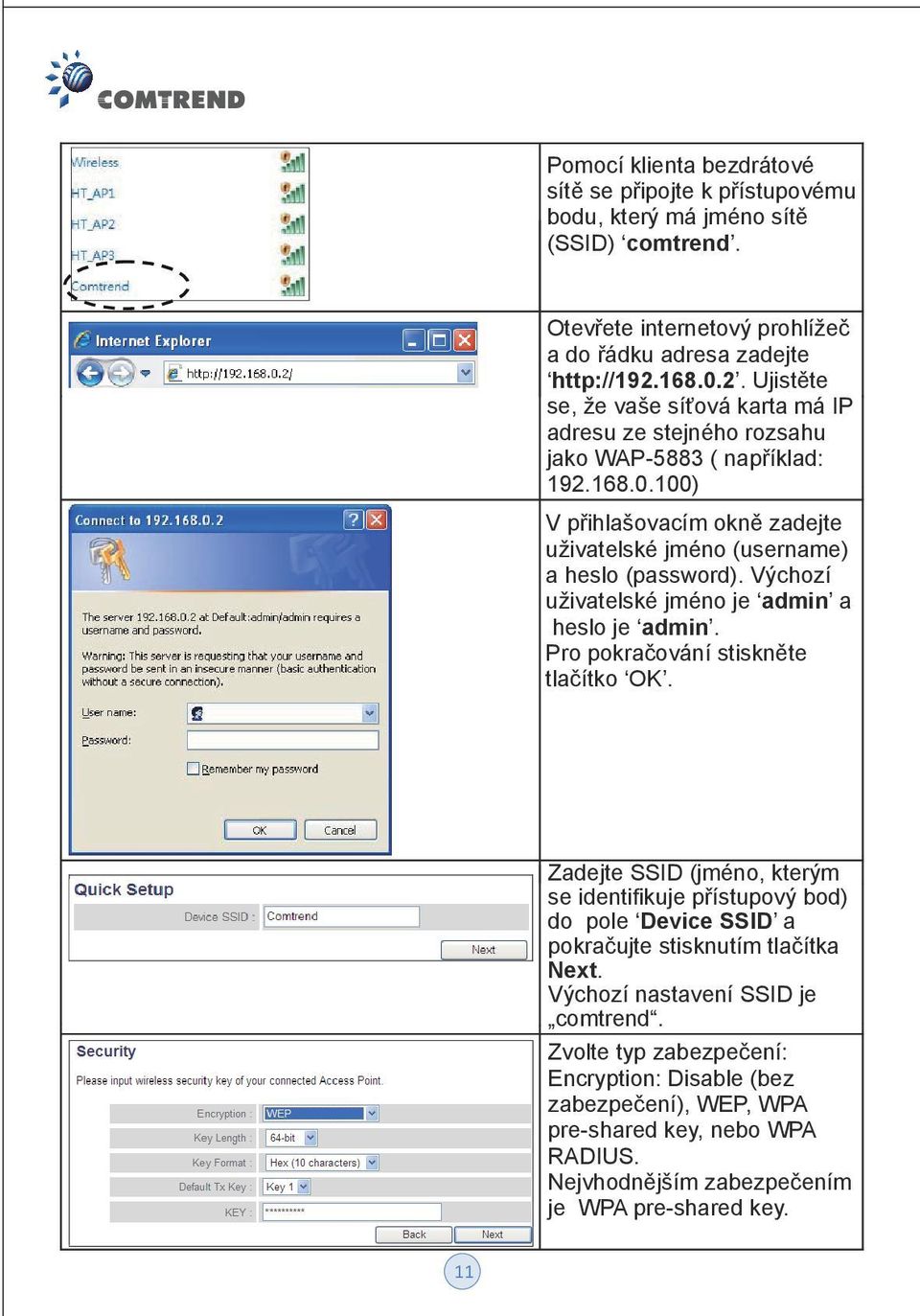 Výchozí uživatelské jméno je admin a heslo je admin. Pro pokračování stiskněte tlačítko OK.