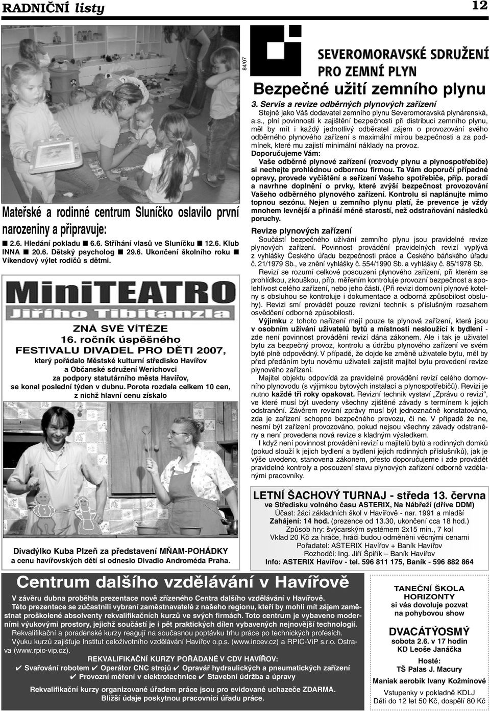 ročník úspěšného FESTIVALU DIVADEL PRO DĚTI 2007, který pořádalo Městské kulturní středisko a Občanské sdružení Werichovci za podpory statutárního města, se konal poslední týden v dubnu.