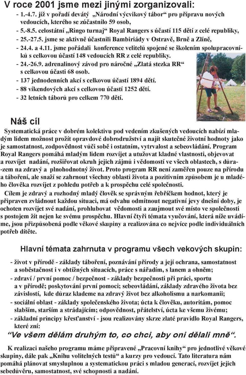 - 24.-26.9. adrenalinový závod pro náročné Zlatá stezka RR s celkovou účasti 68 osob. - 137 jednodenních akcí s celkovou účastí 1894 dětí. - 88 víkendových akcí s celkovou účastí 1252 dětí.