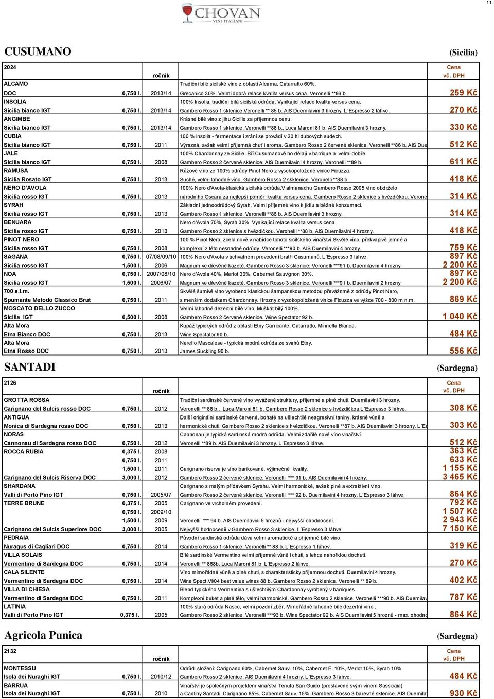 AIS Duemilavini 3 hrozny. L Espresso 2 láhve. 270 Kč ANGIMBE Krásné bílé víno z jihu Sicílie za příjemnou cenu. Sicilia bianco IGT 0,750 l. 2013/14 Gambero Rosso 1 sklenice. Veronelli **88 b.