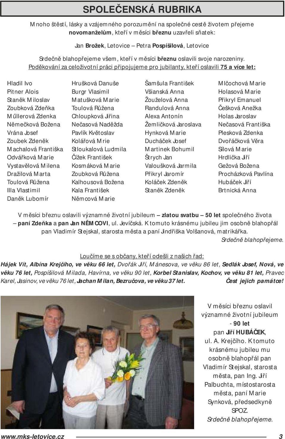 Poděkování za celoživotní práci připojujeme pro jubilanty, kteří oslavili 75 a více let: Hladil Ivo Hrušková Danuše Šamšula František Mlčochová Marie Pitner Alois Burgr Vlasimil Všianská Anna