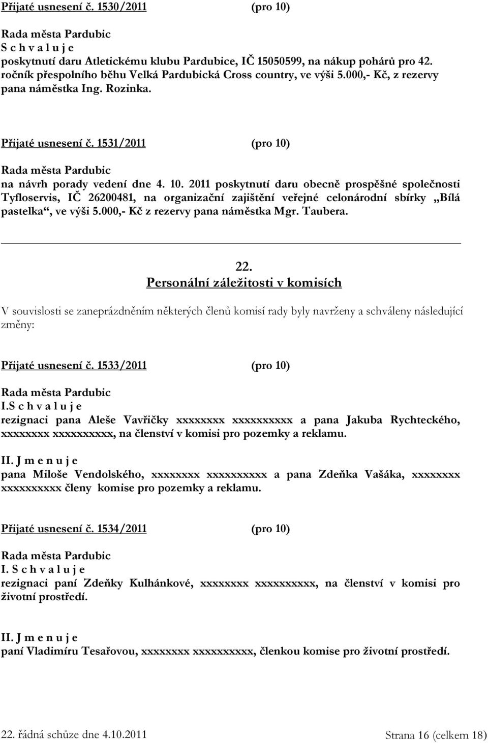 na návrh porady vedení dne 4. 10. 2011 poskytnutí daru obecně prospěšné společnosti Tyfloservis, IČ 26200481, na organizační zajištění veřejné celonárodní sbírky Bílá pastelka, ve výši 5.