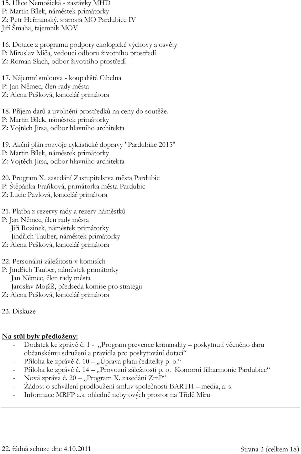 Nájemní smlouva - koupaliště Cihelna P: Jan Němec, člen rady města Z: Alena Pešková, kancelář primátora 18. Příjem darů a uvolnění prostředků na ceny do soutěže.