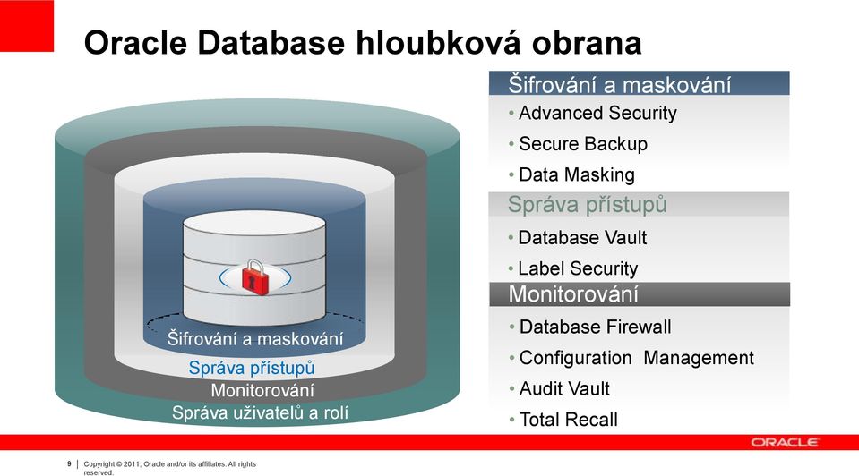 Masking Správa přístupů Database Vault Label Security Monitorování Database Firewall