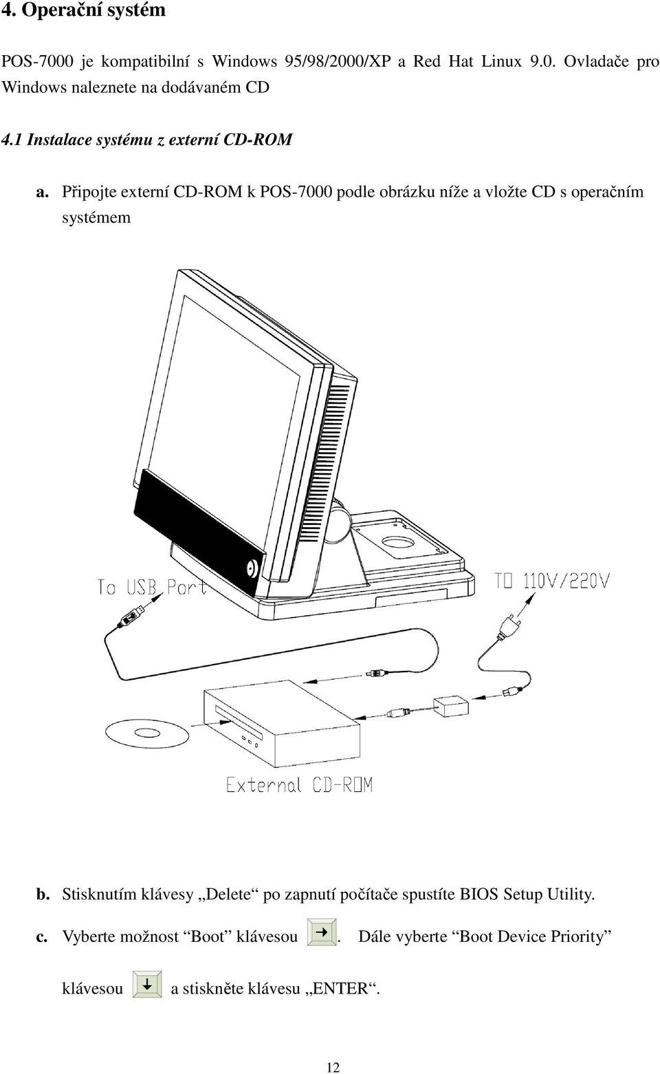 Připojte externí CD-ROM k POS-7000 podle obrázku níže a vložte CD s operačním systémem b.