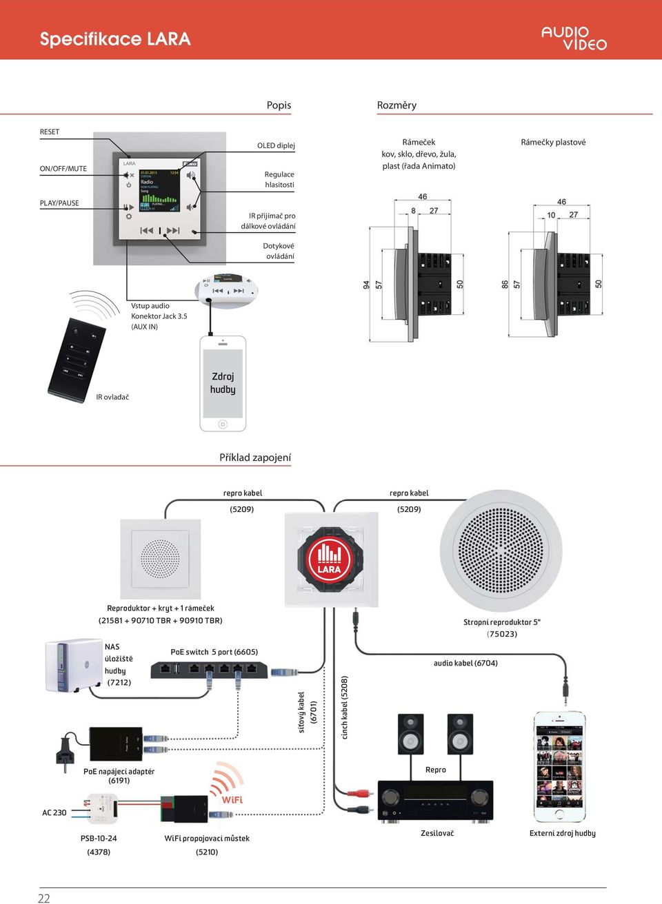 5 (AUX IN) IR ovladač Zdroj hudby Příklad zapojení repro kabel (5209) repro kabel (5209) Reproduktor + kryt + 1 rámeček (21581 + 90710 + 90910 ) NAS PoE switch 5