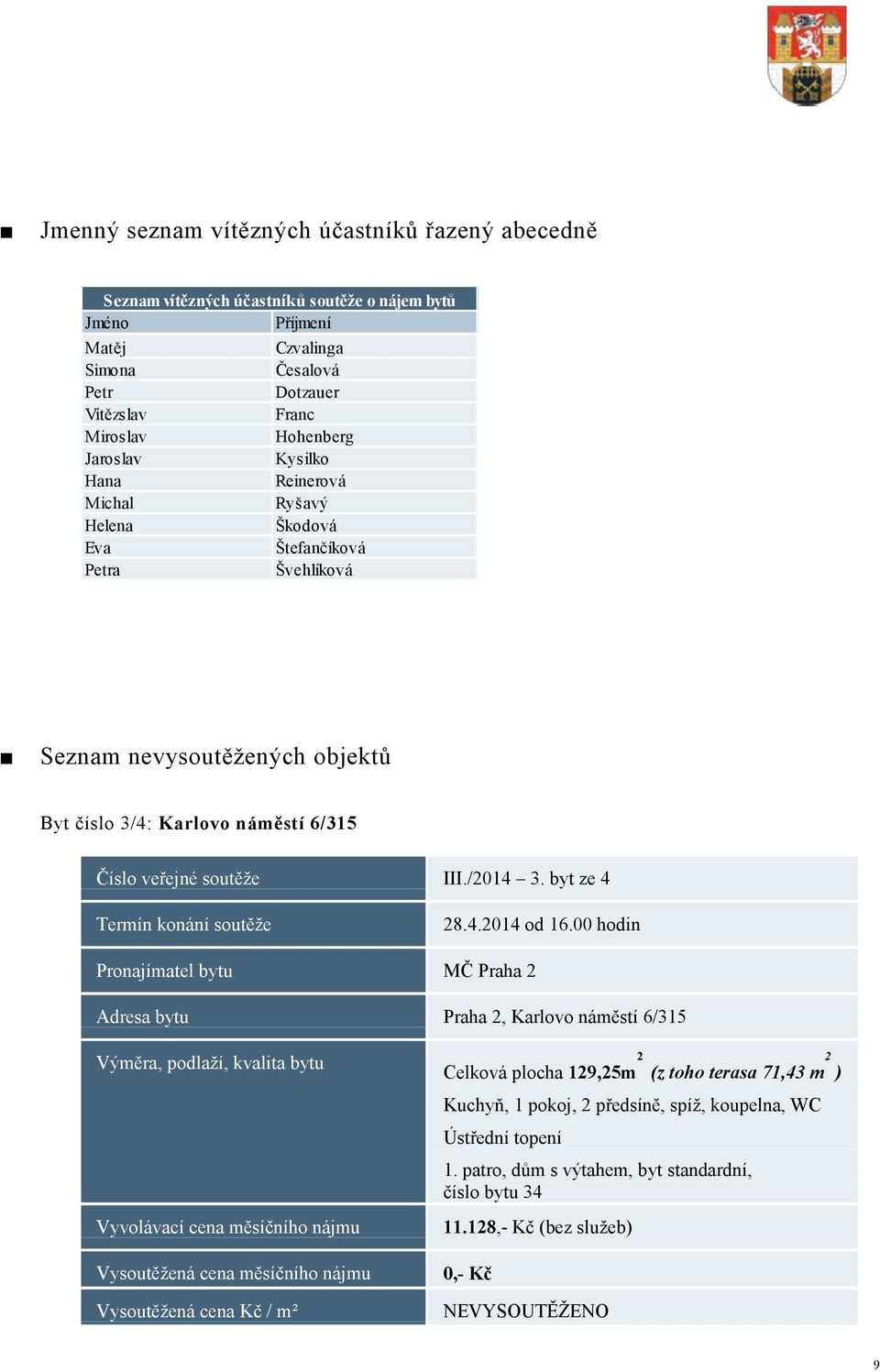 Byt číslo 3/4: Karlovo náměstí 6/315 Číslo veřejné soutěže III./2014 3.