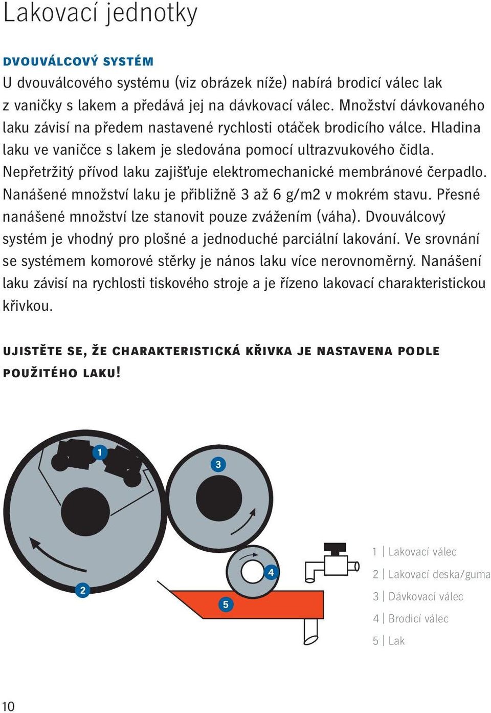 Nepřetržitý přívod laku zajišťuje elektromechanické membránové čerpadlo. Nanášené množství laku je přibližně 3 až 6 g/m2 v mokrém stavu. Přesné nanášené množství lze stanovit pouze zvážením (váha).