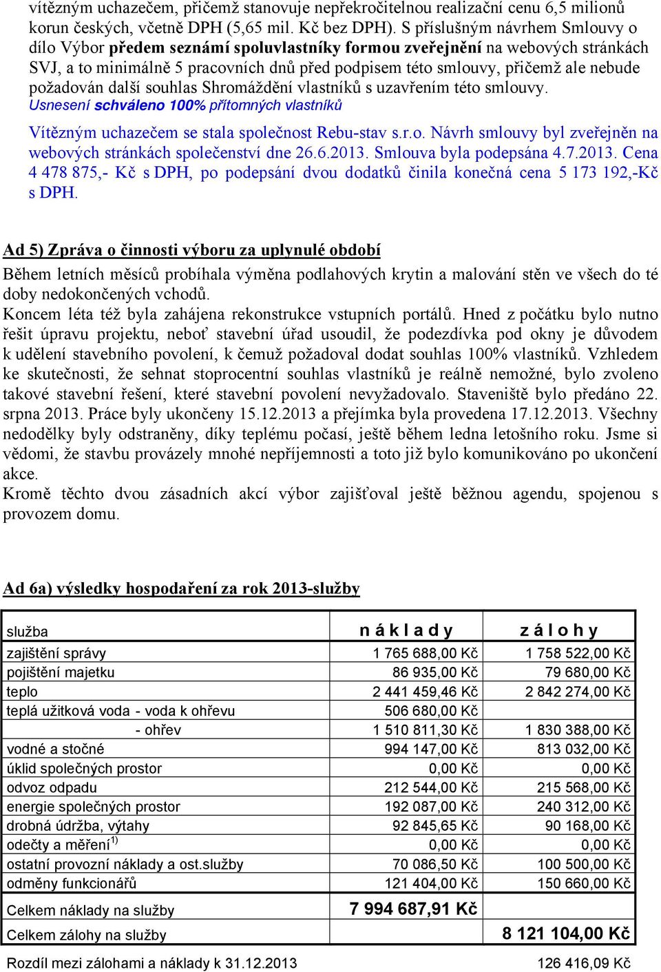 požadován další souhlas Shromáždění vlastníků s uzavřením této smlouvy. Usnesení schváleno 100% přítomných vlastníků Vítězným uchazečem se stala společnost Rebu-stav s.r.o. Návrh smlouvy byl zveřejněn na webových stránkách společenství dne 26.